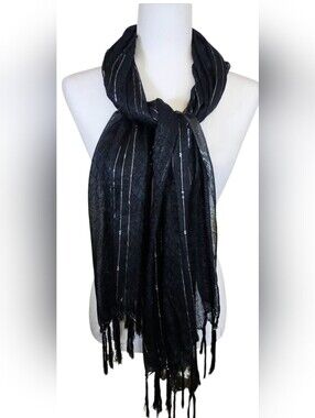 NWT Shimmery Elegant Blk & Silver Rayon Striped Sheer Scarf With Sequins & Fring